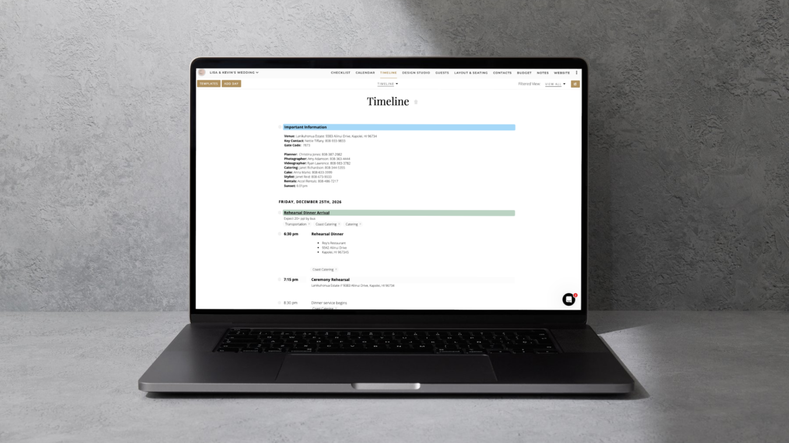 A laptop on a desk displays the Aisle Planner Pro timeline and itinerary builder, showcasing a detailed event schedule and vendor contact list for professional wedding coordination.