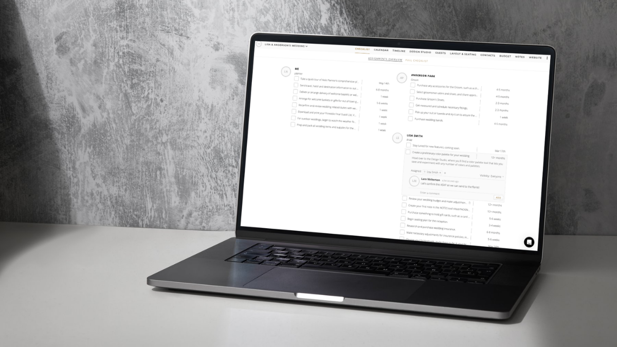 A professional tablet with a keyboard displays the Aisle Planner Pro planning software and portfolio on a white desk, alongside a coffee mug and digital stylus for a modern event coordinator workspace.